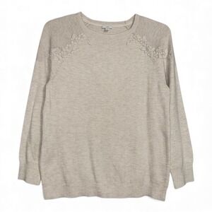 J Jill Sweater Women Size S Beige Floral Embellished Crew Neck‎ Long Sleeve Knit